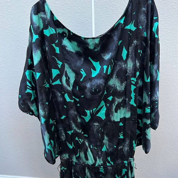 Express Size Small Mini Dress Batwing Sleeves Silk Black Teal Floral Flowy Drape - Picture 8 of 8